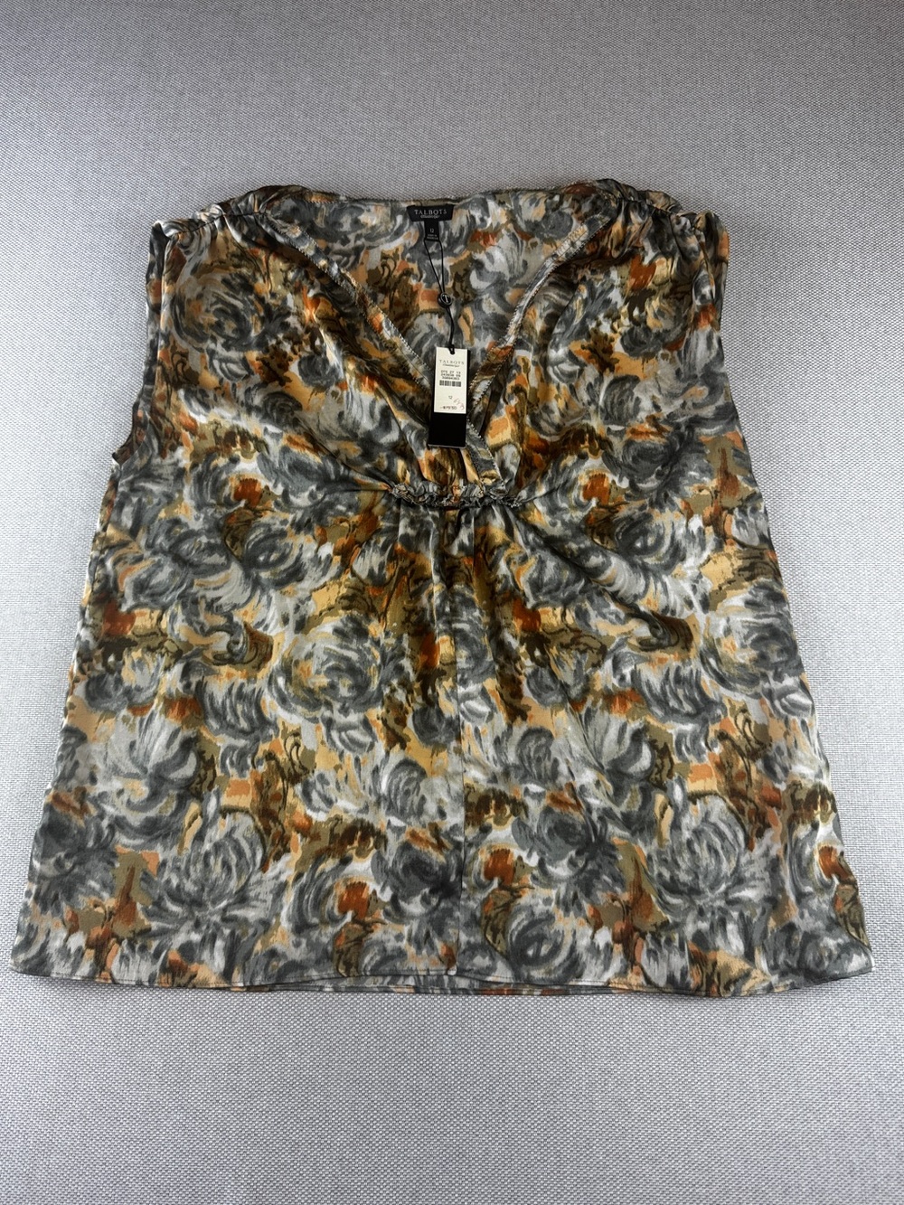 NWT Talbots Floral Sleeveless V Neck Blouse Gray Tan Orange Size 12